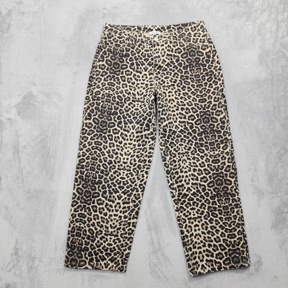 Orange Kiss Essentials Jeans Womens L Brown Leopard Print High Rise Straight Leg